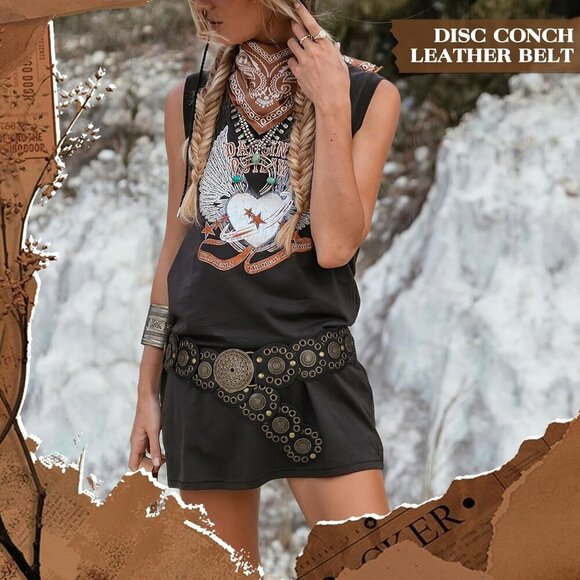 Women Vintage Disc Waist Concho Leather Belt Boho Waist Belt Black Bronze Buckle main image 7